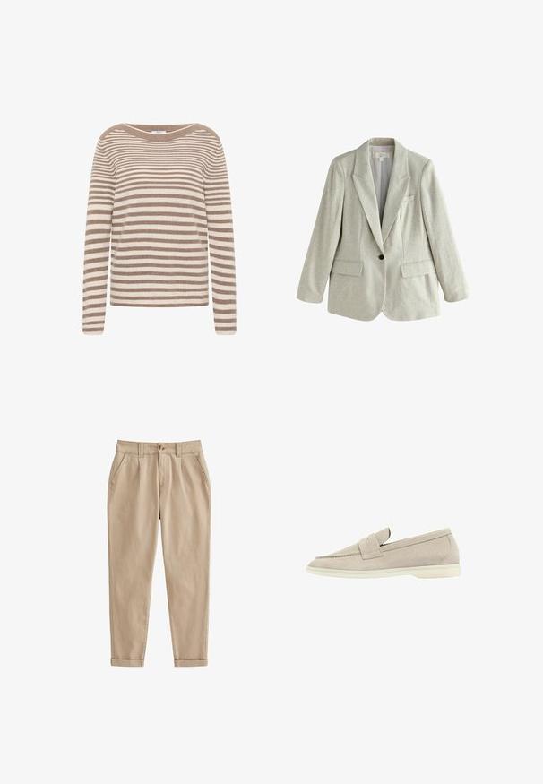 Lichtbeige linnen blazer met één knoop, voorzien van een inkeping in de revers en voorzakken met klep, weergegeven op een witte achtergrond.; Gestreepte trui in beige en crèmekleurig, met lange mouwen, een brede halslijn en een structuurgebreide ontwerp.; Beige chino's van lichtgewicht katoenstof. Heeft een taps toelopende pijp, voorplooien, zijzakken en opgerolde mouwen. Geborstelde textuur.; Lichtbeige suède instapper met een lage witte zool, ronde neus en een gestikt bandje over de bovenkant.