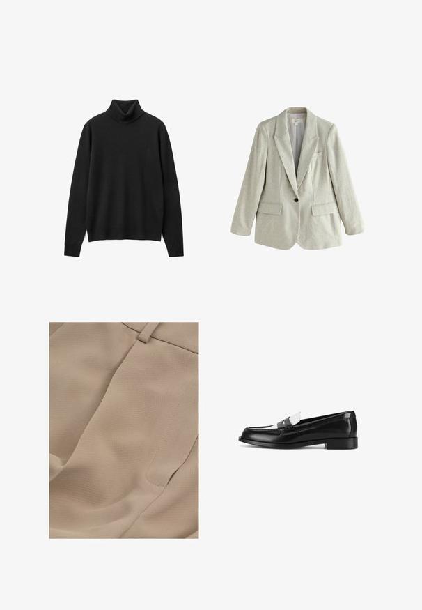Lichtbeige linnen blazer met één knoop, voorzien van een inkeping in de revers en voorzakken met klep, weergegeven op een witte achtergrond.; Zwarte coltrui gemaakt van zacht gebreid materiaal. Heeft lange mouwen, een relaxte pasvorm en een hoog halsontwerp. Geen patronen of versieringen.; Close-up van beige stoffen broek met zichtbare tailleband, riemlus en een zijzak met zichtbare stiksels.; Zwarte leren loafers met een glanzende afwerking, voorzien van een witte leren accenten en een gestructureerde band. Lage blokhak, klassiek ontwerp.