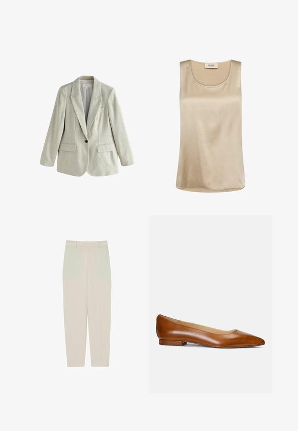 Blazer en lin beige clair à un bouton, avec revers crantés et poches avant à rabat, présenté sur un fond blanc.; Haut en satin beige sans manches avec encolure ronde et étiquette Mos Mosh à l’intérieur du col.; Pantalons droits beiges avec une texture lisse, présentant une taille haute, des plis sur le devant et des lignes épurées pour un ajustement tailleur.; Chaussure plate en cuir marron à bout pointu pour femme, avec un petit talon et une finition lisse, montrée de profil sur fond neutre.