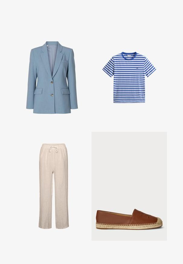 Lyseblå kvindeblazer med hakkede revers, to forlommer med klap, brystlomme og lukning med to knapper.; Blå og hvid T-shirt med korte ærmer, vandrette striber, rund halsudskæring og lille broderet logo på brystet.; Linnedbukser i lys beige med elastisk talje og snøre, der har en afslappet pasform og lige ben.; Brune læder espadrille flade sko med en vævet jutesål, rund tå og prægede detaljer på overdelen. Glat tekstur med sammenhængende design.