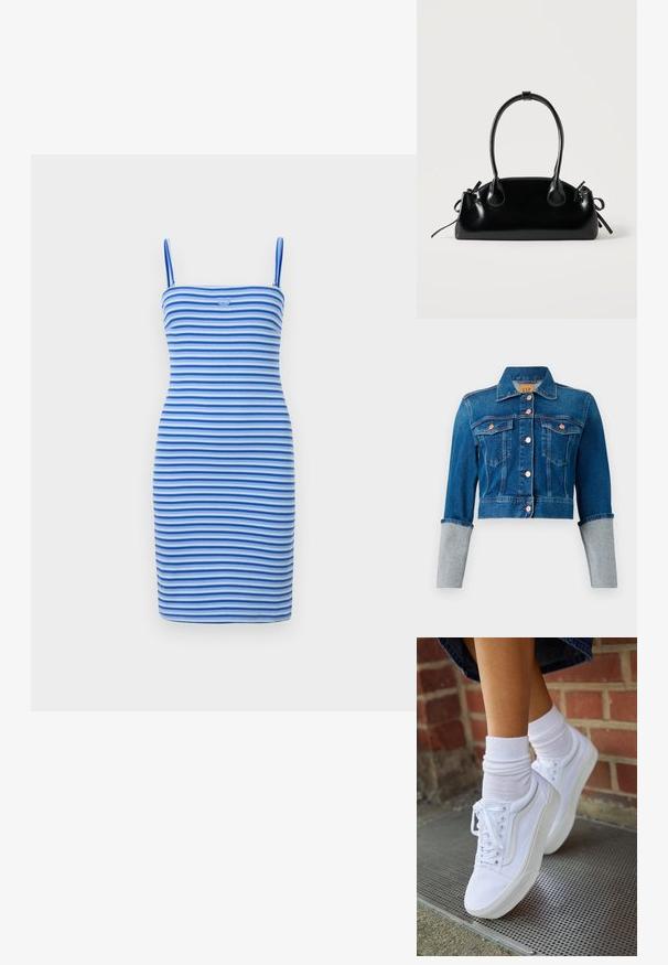 Korte donkerblauwe denimjas met koperen knopen, twee borstzakken, kraag en lichtgrijze omgeslagen mouwen.; Aansluitende bodycon jurk met afwisselende blauwe en lichtblauwe strepen, gemaakt van ribbelstof, met een getailleerde silhouet en een logodetail op de borst.; Witte canvas sneakers met rubberen zolen, voorzien van zes vetertjes, een ronde neus en lichte stikdetails, gecombineerd met witte enkelsokken.; Kleine zwarte glanzende handtas met twee lange hengsels en zijkant trekkoord details op een effen lichte achtergrond.
