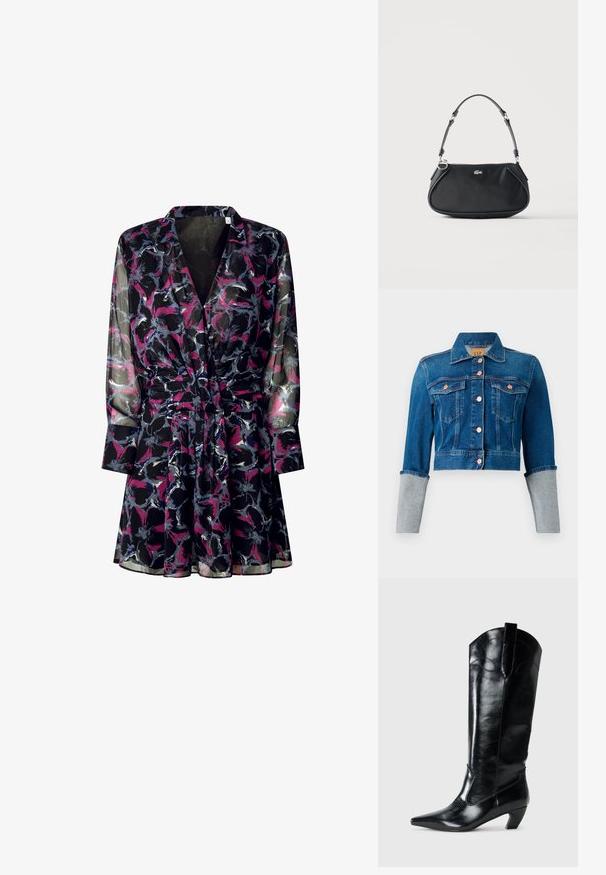 Korte donkerblauwe denimjas met koperen knopen, twee borstzakken, kraag en lichtgrijze omgeslagen mouwen.; Zwarte transparante jurk met een bloemenpatroon in paars, roze en grijs. Heeft lange mouwen, een getailleerde taille en een kraag.; Zwarte leren kniehoge laarzen met een spitse neus, lage hak en decoratieve stiksels aan de zijkanten. Gladde glanzende afwerking.; Zwarte schoudertas met verstelbare riem, ritssluiting en klein zilverkleurig krokodillenlogo aan de voorkant in het midden.
