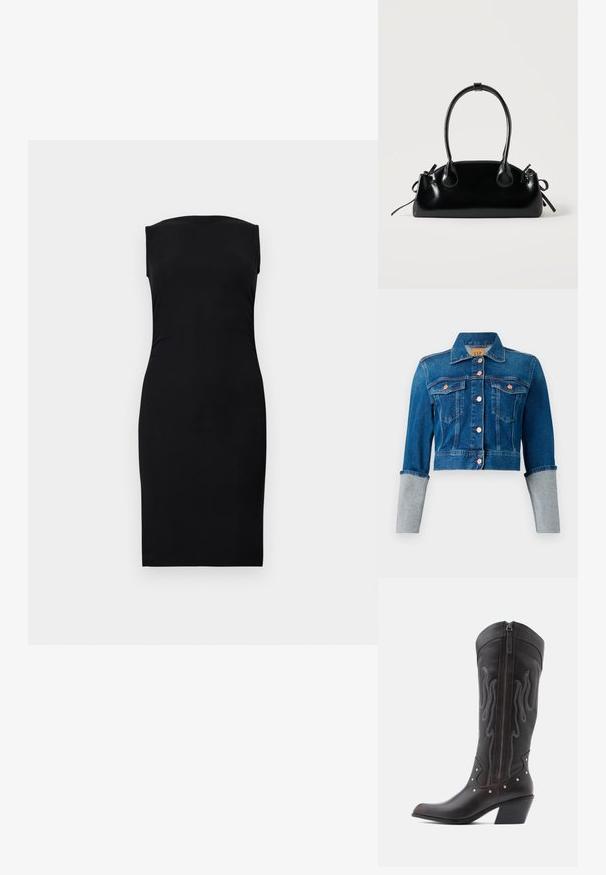 Veste en denim bleu foncé à manches courtes, avec des boutons en cuivre, deux poches poitrine, col et poignets retroussés en gris clair.; Robe midi noire sans manches avec silhouette ajustée et encolure droite sur un fond uni.; Bottes de cowboy en cuir marron avec surpiqûres en forme de flammes, fermeture éclair latérale, clous argentés, bout pointu et talon superposé.; Petit sac à main noir brillant avec deux longues anses et des détails à cordon sur les côtés sur un fond clair uni.