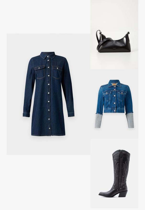 Abgeschnittene dunkelblaue Jeansjacke mit Kupferknöpfen, zwei Brusttaschen, Kragen und hellgrauen umgeschlagenen Ärmeln.; Dunkelblaues Denim-Hemdkleid mit langen Ärmeln und Kragen, silberne Druckknöpfe vorne und zwei Brusttaschen mit Klappen und Druckknöpfen.; Schwarze Cowboy-Stiefel aus Leder mit spitzer Zehenpartie, sichtbarer Nahtführung, silbernen Nietenakzenten und Reißverschluss auf der Innenseite.; Schwarze lederne Handtasche mit glatter Textur. Verfügt über einen verstellbaren Riemen und ein elegantes, minimalistisches Design mit einem Reißverschluss.