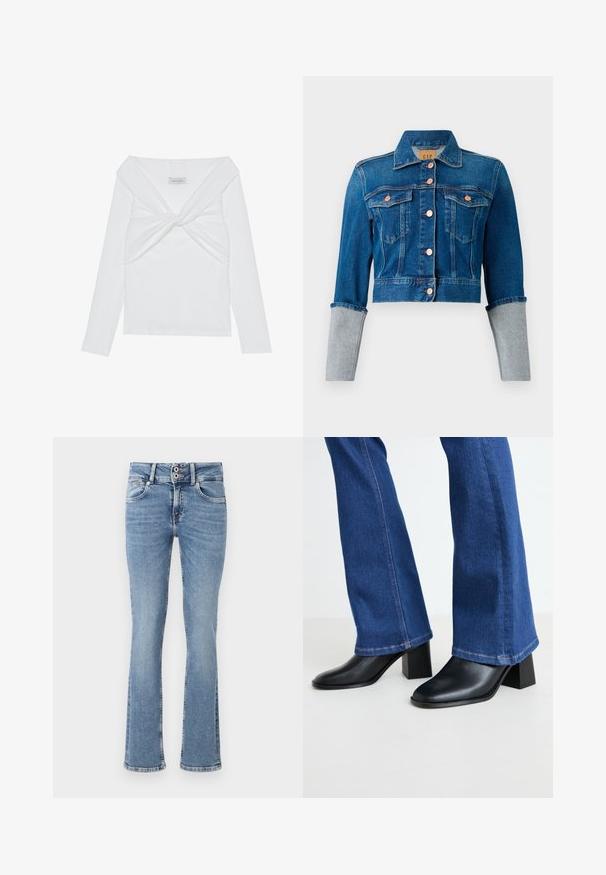 Veste en denim bleu foncé à manches courtes, avec des boutons en cuivre, deux poches poitrine, col et poignets retroussés en gris clair.; Haut à manches longues blanc côtelé avec un design à front tordu, présentant un large col et des bords sans coutures. Marque : Anna Field.; Jeans en denim bleu évasés avec un lavage moyen, fermeture à bouton, design à cinq poches et détails cousus aux poches et à l'ourlet.; Bottes de cheville en cuir noir avec un bout carré et un talon bloc, associées à un pantalon en denim bleu à jambes évasées avec des coutures contrastantes à l'ourlet.