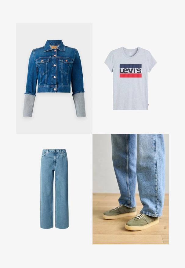 Afskåret mørkeblå denimjakke med kobberknapper, to brystlommer, krave og lysegrå oprettede ærmekanter.; Grå bomulds t-shirt med korte ærmer, der har et stort Levi's-logo i sort, rød og marineblå på fronten. Klassisk rund halsdesign.; Blå denim bukser med brede ben og høj talje, der har bæltestropper, lynlås og frynser ved kanten. Stofmaterialet har en blød, glat tekstur.; Grønne ruskinds sneakers med beige gummisåler, der har hvide snørebånd og et tekstureret design, parret med lyseblå jeans.