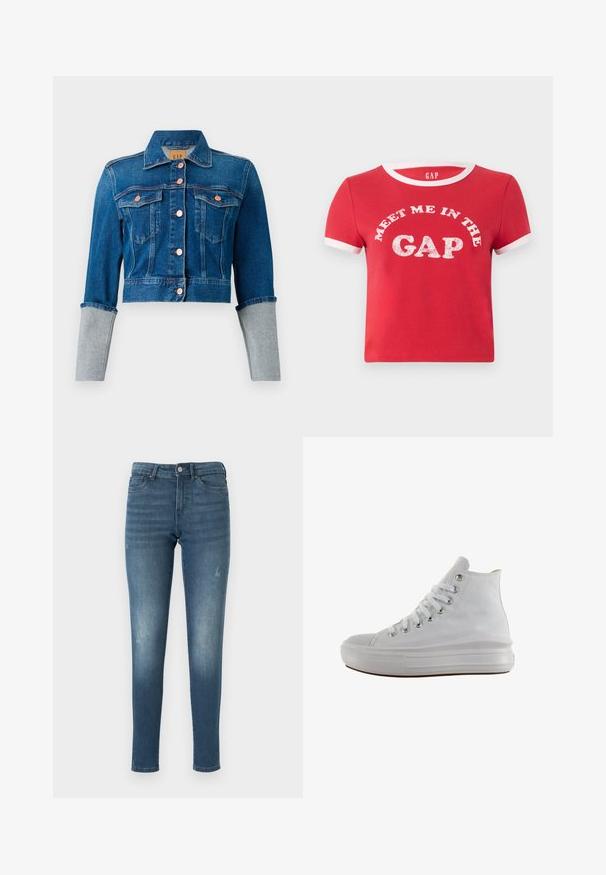 Afskåret mørkeblå denimjakke med kobberknapper, to brystlommer, krave og lysegrå oprettede ærmekanter.; Rød bomulds t-shirt med korte ærmer, hvid ribbet krave og ærmeaccenter. Har grafisk tekst "MØD MIG I GAP" i hvid.; Blå denimjeans med slim fit, med slidte områder, fem lommer og knaplukning. Stoffet har en glat, let slidt tekstur.; Hvid højt canvas sneaksko med hvide snørebånd, metaløjer, tyk gummisål og tekstureret tåhætte, vendt mod venstre på en hvid baggrund.