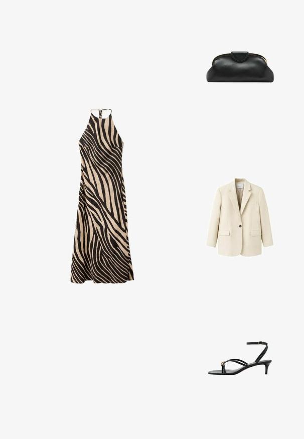 Veston beige à un bouton avec revers crantés, deux poches à rabat à l'avant et une poche poitrine passepoilée, présenté sur un fond blanc.; Robe longue à col halter avec motif rayures zèbre noir et beige, bas évasé et fermeture par lien au cou.; Sandale noire à brides avec petit talon kitten, bride à boucle à la cheville et petit détail décoratif doré sur la bride avant.; Pochette en cuir noire avec armature métallique dorée et fermeture pression sur fond blanc.