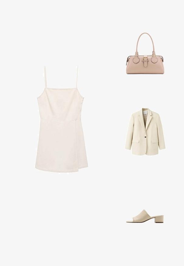 Beige enkeltknappet blazer med hakkeslag, to forlommer med klap, og en brystlomme med kant, vist på en hvid baggrund.; Lysbeige ærmeløs top med tynde stropper, der har et simpelt lige snit og en glat, let skinnende overflade. Ingen mønstre eller detaljer.; Beige åben tå mule sandal med lav blokhæl og glat læderoverdel, vist i sideprofil på hvid baggrund.; Beige rektangulær håndtaske med to håndtag, en front spænde rem, guldfarvet beslag og lynlåslukning på toppen.