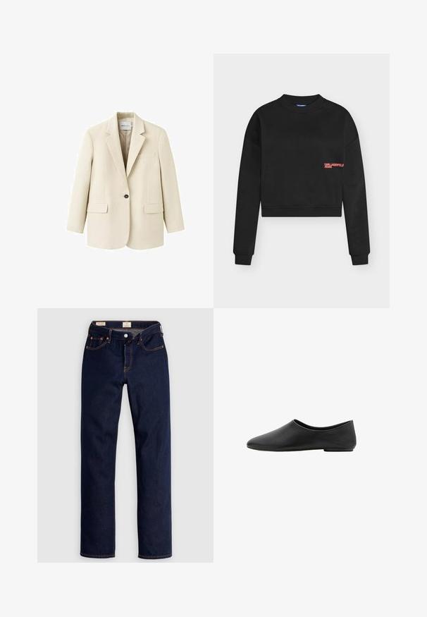 Beige enkeltknappet blazer med hakkeslag, to forlommer med klap, og en brystlomme med kant, vist på en hvid baggrund.; Sort cropped sweatshirt med lange ærmer, ribkanter og "KARL LAGERFELD JEANS"-logo i pink på venstre bryst.; Mørkeblå jeans med lige ben, orange syninger, fem lommer og knaplukning, lagt fladt på en lys baggrund.; Sorte minimalistiske flade sko med rund mandelformet tå og lav hæl, glat læderoverdel, slip-on stil.