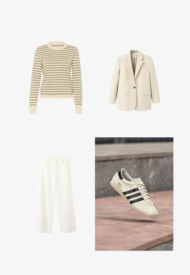Beige enkeltknappet blazer med hakkeslag, to forlommer med klap, og en brystlomme med kant, vist på en hvid baggrund.; Stribet sweater i crème og olivengrøn med ribbet rund halsudskæring, lange ærmer og en tætsiddende kant. Blød strikket tekstur.; Hvide denimjeans med højtaljet, vide ben, fem lommer, bæltestropper samt knap- og lynlås.; Hvid Adidas-sneaker med sorte striber og beige sål, svævende over en lyserød betonoverflade og grå stensbaggrund.