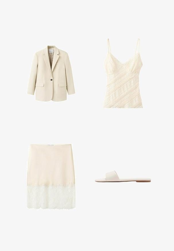 Veston beige à un bouton avec revers crantés, deux poches à rabat à l'avant et une poche poitrine passepoilée, présenté sur un fond blanc.; Camisole en dentelle couleur crème avec fines bretelles réglables et motifs floraux en diagonale.; Jupe-culotte couleur crème avec large bordure en dentelle blanche le long de l'ourlet, étiquetée avec une petite étiquette à la taille.; Sandale plate blanche à enfiler avec une large bride unique et une fine semelle marron, montrée de profil sur fond blanc.