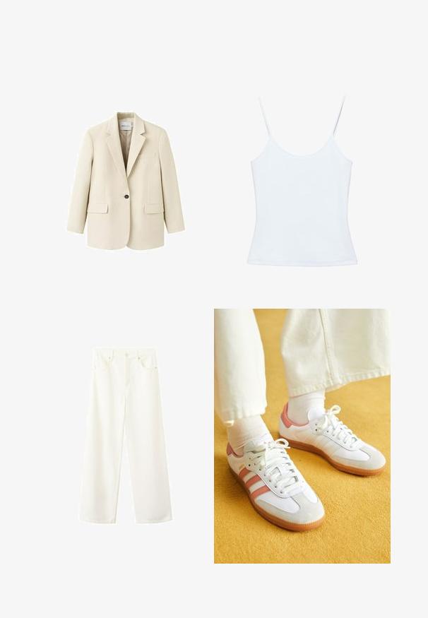 Veston beige à un bouton avec revers crantés, deux poches à rabat à l'avant et une poche poitrine passepoilée, présenté sur un fond blanc.; Camisole blanche pour femme avec fines bretelles spaghetti et un design ajusté et sobre.; Jean blanc en denim à taille haute et jambes larges, doté de cinq poches, passants pour ceinture, et fermeture par bouton et zip.; Baskets blanches avec des accents roses, en matériaux de daim et de cuir, à bout rond et semelle en caoutchouc, présentées avec des chaussettes claires sur un fond jaune.