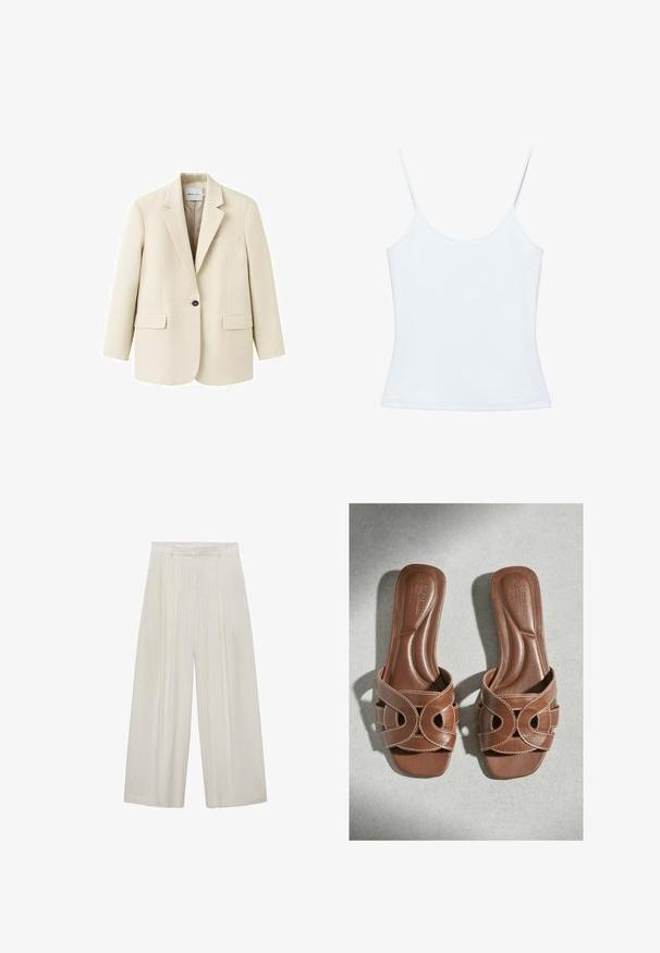 Beige enkeltknappet blazer med hakkeslag, to forlommer med klap, og en brystlomme med kant, vist på en hvid baggrund.; Hvid dame-camisole med tynde spaghettistropper og et tætsiddende, ensfarvet design.; Bredde bukser i lys beige med lodrette hvide striber. Har høj talje, plisseret front og glat tekstur.; Brune læder slip-on sandaler med åben tå-design og dekorative brede stropper, arrangeret side om side på en lys grå overflade.