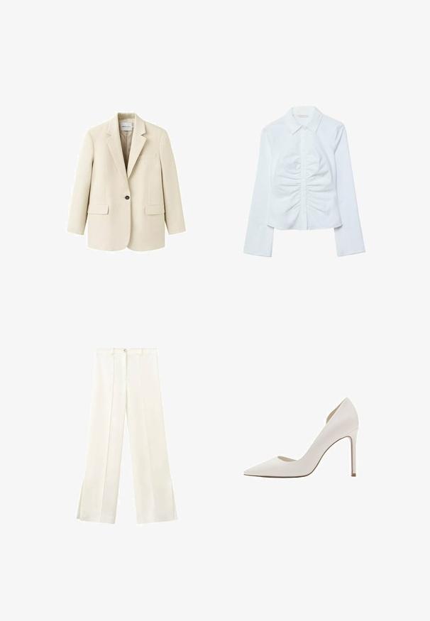 Veston beige à un bouton avec revers crantés, deux poches à rabat à l'avant et une poche poitrine passepoilée, présenté sur un fond blanc.; Chemise blanche à manches longues avec boutons, col pointu et détails froncés au centre avant.; Pantalon blanc taille haute à jambes larges avec un bouton à l'avant, des passants pour ceinture, et des coutures latérales s'étendant jusqu'à de petites fentes à l'ourlet.; Escarpin blanc à bout pointu avec un talon aiguille fin et une finition en cuir lisse.