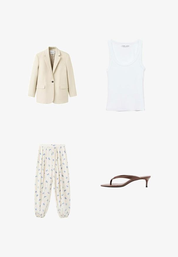 Veston beige à un bouton avec revers crantés, deux poches à rabat à l'avant et une poche poitrine passepoilée, présenté sur un fond blanc.; Débardeur blanc uni sans manches avec encolure arrondie, fabriqué en tissu doux, étiquette à l'intérieur du col indiquant la marque et la taille.; Pantalon ample couleur crème avec motif floral bleu, froncé à la taille et avec des poignets élastiques aux chevilles.; Sandale en cuir marron avec lanière, petit talon « kitten » et bout carré, vue de profil sur fond blanc.