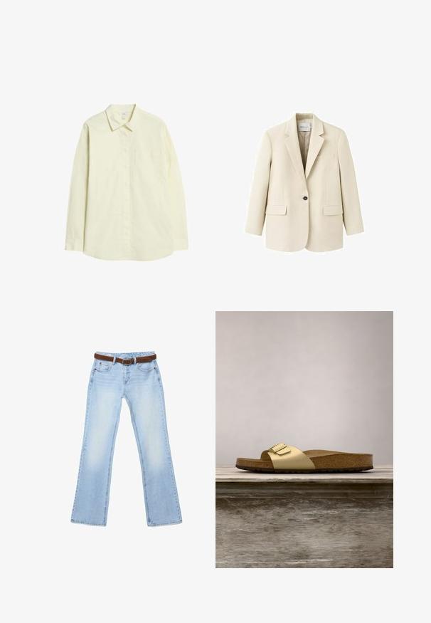 Veston beige à un bouton avec revers crantés, deux poches à rabat à l'avant et une poche poitrine passepoilée, présenté sur un fond blanc.; Chemise à manches longues jaune clair en coton, avec un devant à boutons, un col et une poche à la poitrine gauche. Texture lisse, coupe standard.; Jean bleu clair à jambe droite avec effet délavé et ceinture en cuir marron passé dans les passants, posé à plat sur un fond blanc.; Sandale glissante synthétique dorée avec une seule sangle et un accent de boucle, dotée d'un pied en liège brun et d'une semelle en caoutchouc texturé.