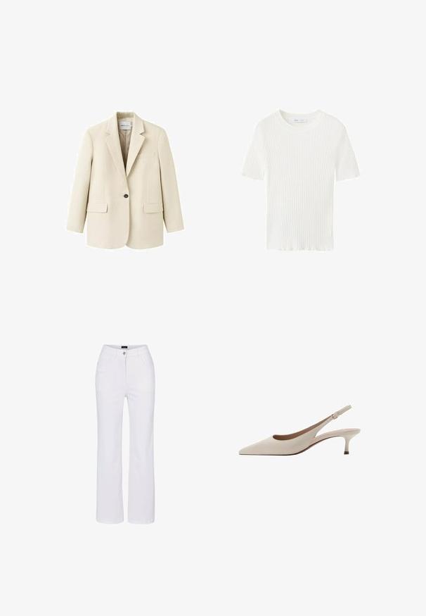 Beiger Ein-Knopf-Blazer mit Stegkragen, zwei vorderen Pattentaschen und einer Brustleistentasche, dargestellt auf weißem Hintergrund.; Weißes, geripptes Strickoberteil mit kurzen Ärmeln, Rundhalsausschnitt und leicht gewelltem Saum sowie Ärmelsäumen, auf weißem Hintergrund flach ausgelegt.; Weiße Baumwollhose im schmalen Schnitt, mit zwei Fronttaschen, einem einzelnen Knopfverschluss und einer klaren, glatten Oberfläche.; Beige Slingback-Absatzschuhe mit spitzer Zehenform und niedrigem, ausgestellten Absatz. Hergestellt aus glattem Leder mit einem minimalistischen Design und verstellbarem Riemen.