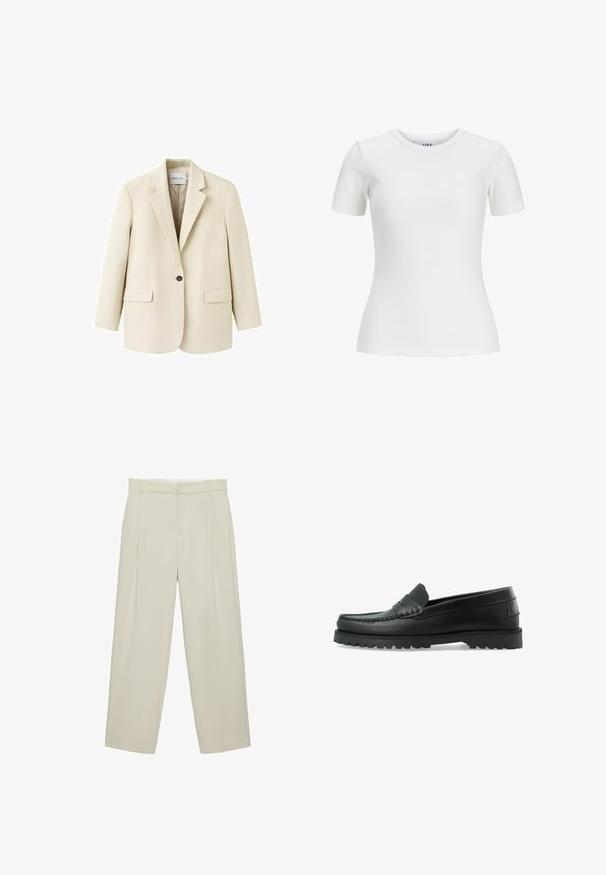Veston beige à un bouton avec revers crantés, deux poches à rabat à l'avant et une poche poitrine passepoilée, présenté sur un fond blanc.; T-shirt blanc à manches courtes côtelé avec un col rond et une coupe ajustée. Fabriqué en tissu lisse, adapté pour le superposition ou le port décontracté.; Pantalon beige taille haute cintré avec poches latérales, passants de ceinture et fermeture éclair devant, coupe droite.; Mocassin en cuir noir avec semelle épaisse à crampons, coutures moc-toe et une bride sur le dessus, présenté en vue latérale sur fond blanc.