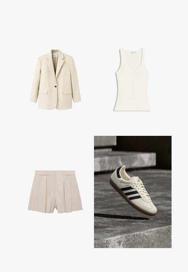 Beige enkeltknappet blazer med hakkeslag, to forlommer med klap, og en brystlomme med kant, vist på en hvid baggrund.; Ærmeløs hvid ribbet tanktop med dyb rund halsudskæring, tætsiddende silhuet og smalle skulderstropper.; Beige plisserede shorts med et skræddersyet design, der har høj talje og en glat tekstur. Fire frontplisseringer skaber volumen. Ingen lommer.; Hvid Adidas Samba sneaker med sorte striber og gummsål, svævende over teksturerede grå betonstrin.