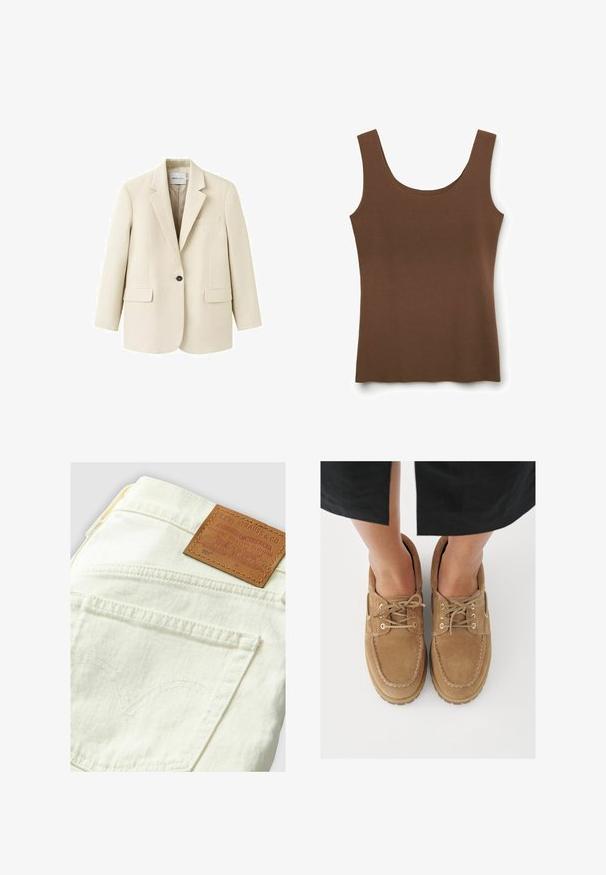 Beige blazer met één knoop, inkepingrevers, twee klepzakken aan de voorkant en één borstzakje, getoond op een witte achtergrond.; Bruine katoenen tanktop met een ronde halslijn en brede schouderbanden. Gladde textuur en getailleerd ontwerp, met een rechte zoom.; Levi's 501-jeans in crèmekleur met een tan leren patch, voorzien van gebogen stiksels op de achterzak en een klassiek denimontwerp.; Bruine suède schoenen met een afgeronde neus, voorzien van gestructureerde veters en gouden oogjes, geplaatst tegen een lichte achtergrond.