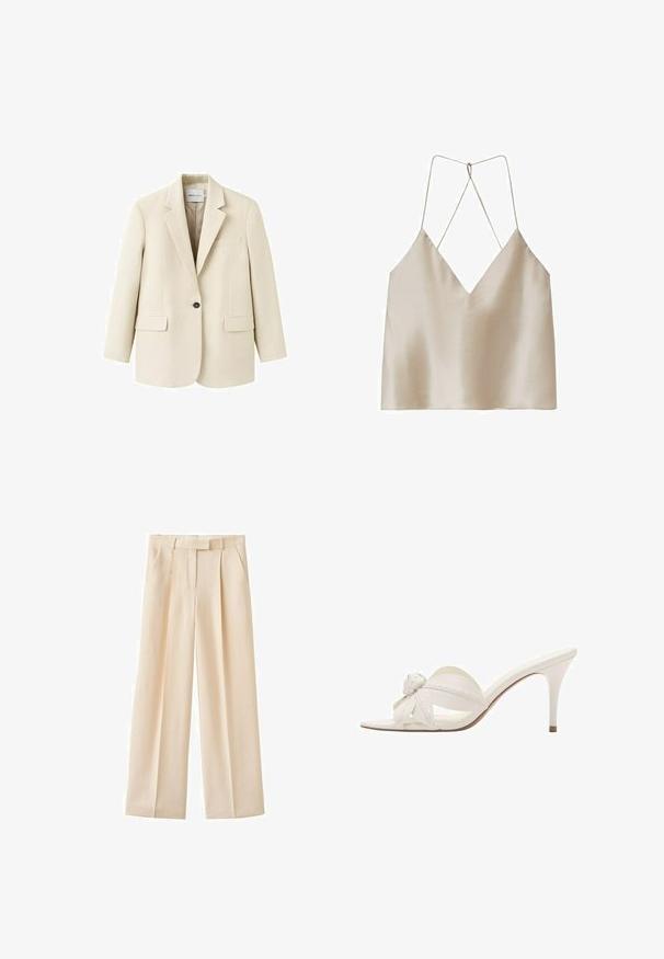 Veston beige à un bouton avec revers crantés, deux poches à rabat à l'avant et une poche poitrine passepoilée, présenté sur un fond blanc.; Camisole en satin beige avec un décolleté en V profond et de fines bretelles spaghetti croisées dans le dos.; Pantalon beige taille haute à jambes larges avec passants de ceinture, plis avant et poches latérales, adapté pour une tenue formelle ou décontractée.; Mule blanche à talon haut avec ouverture à l'avant, détail décoratif en forme de fleur nouée sur la bride, et talon fin de hauteur moyenne.