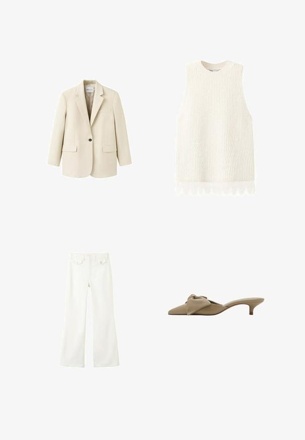 Veston beige à un bouton avec revers crantés, deux poches à rabat à l'avant et une poche poitrine passepoilée, présenté sur un fond blanc.; Gilet sans manches en maille blanche avec une texture côtelée et une délicate bordure en dentelle à l'ourlet.; Pantalon blanc taille haute avec jambes évasées, bouton et fermeture éclair à l'avant, et deux poches à rabat avec boutons à la taille devant.; Mule beige à bout pointu avec petit talon kitten et grand nœud doux sur le dessus, conçue pour la mode féminine.