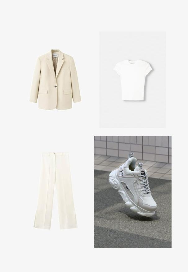 Beige enkeltknappet blazer med hakkeslag, to forlommer med klap, og en brystlomme med kant, vist på en hvid baggrund.; Hvid kortærmet t-shirt lavet af blød bomuld, med rund halsudskæring og en tætsiddende form. Ingen synlige mønstre eller udsmykninger.; Hvide vidde bukser med høj talje, frontknap, bæltestropper og sidesømme, der går ned til små slids ved kanten.; Hvide sneakers med mesh- og lædermaterialer, rund tå, tyk sål, fremtrædende snørebånd og branding på hælen og tungen.