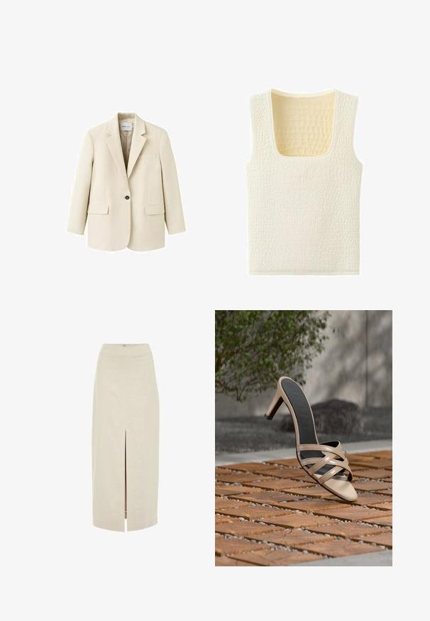 Veston beige à un bouton avec revers crantés, deux poches à rabat à l'avant et une poche poitrine passepoilée, présenté sur un fond blanc.; Haut sans manches en maille couleur crème avec un motif carré texturé et un décolleté large et arrondi en forme de carré.; Jupe midi beige clair avec une coupe droite et une fente centrale à l'avant. Fabriquée dans un tissu lisse avec une fermeture éclair dissimulée à l'arrière.; Sandale beige à talons hauts avec des lanières croisées flottant au-dessus d’un sol en bois carrelé, avec de la verdure et un mur gris en arrière-plan.