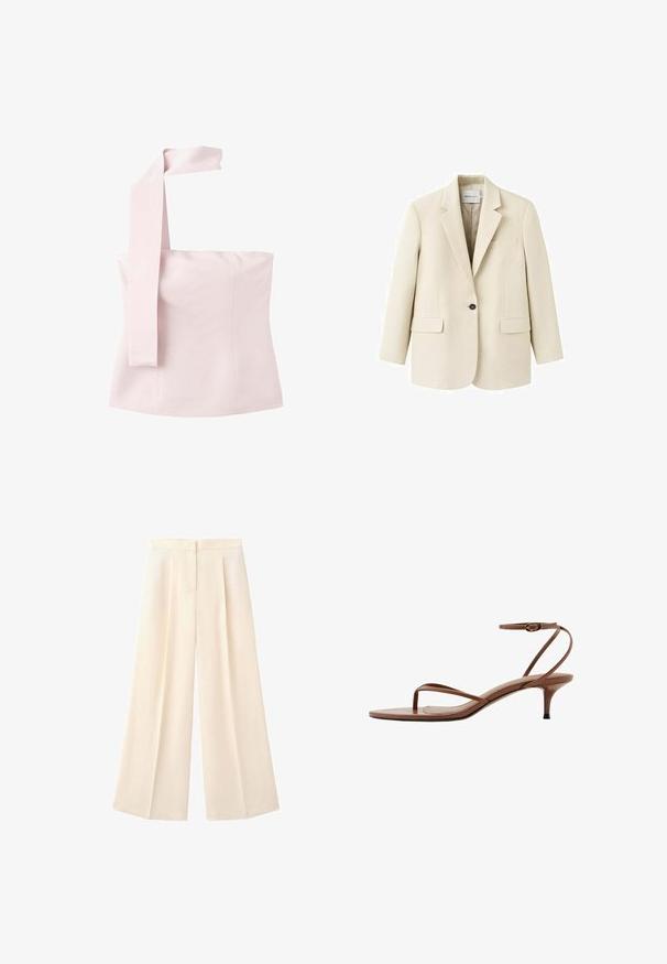 Veston beige à un bouton avec revers crantés, deux poches à rabat à l'avant et une poche poitrine passepoilée, présenté sur un fond blanc.; Haut asymétrique rose clair sans bretelles avec une large sangle tombant sur une épaule, ajusté avec des détails de coutures.; Pantalon crème taille haute à jambes larges avec plis devant et fermeture dissimulée par boutons et zip.; Sandale à talons hauts en cuir marron avec fines brides, boucle d'orteil et boucle à la cheville sur un talon kitten.