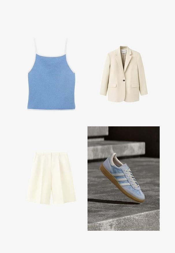 Beige enkeltknappet blazer med hakkeslag, to forlommer med klap, og en brystlomme med kant, vist på en hvid baggrund.; Lyseblå strikket tanktop med hvid kant, der har tynde skulderstropper og en tætsiddende design med en glat, tekstureret overflade.; Højtaljede, cremefarvede, skræddersyede shorts med bæltestropper, forreste plisseringer og sidelommer, vist mod en hvid baggrund.; Lyseblå sneakers med blomsterprint, hvide striber og teksturerede grå ruskindsaccenter. Sål i naturfarvet gummi. Snørebånd i cremet beige.