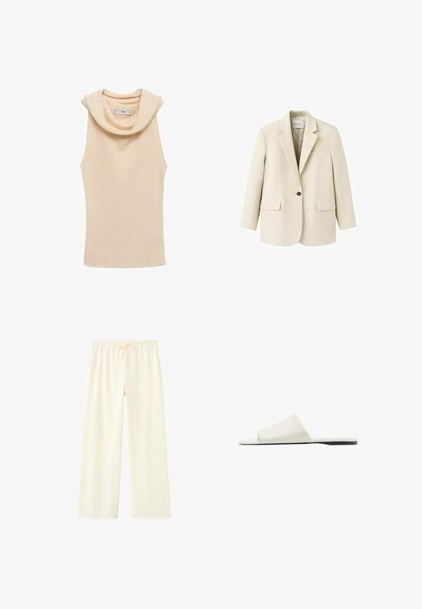 Beige enkeltknappet blazer med hakkeslag, to forlommer med klap, og en brystlomme med kant, vist på en hvid baggrund.; Beige ærmeløs top med en draperet halsudskæring, lavet af ribbet stof. Har en glat tekstur og en tætsiddende silhuet.; Kremfarvede bukser med vide ben, elastisk talje og snøre, lavet af blødt letvægtsstof.; Hvid slidesandal med en bred rem og flad sål, vist i sidevisning på en hvid baggrund.