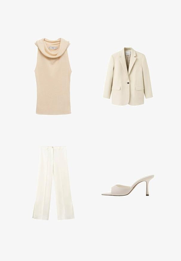 Beige enkeltknappet blazer med hakkeslag, to forlommer med klap, og en brystlomme med kant, vist på en hvid baggrund.; Beige ærmeløs top med en draperet halsudskæring, lavet af ribbet stof. Har en glat tekstur og en tætsiddende silhuet.; Hvide vidde bukser med høj talje, frontknap, bæltestropper og sidesømme, der går ned til små slids ved kanten.; Beige åben-tå højhælet mule med en slank hæl og en bred rem over fronten, vist fra siden på en hvid baggrund.