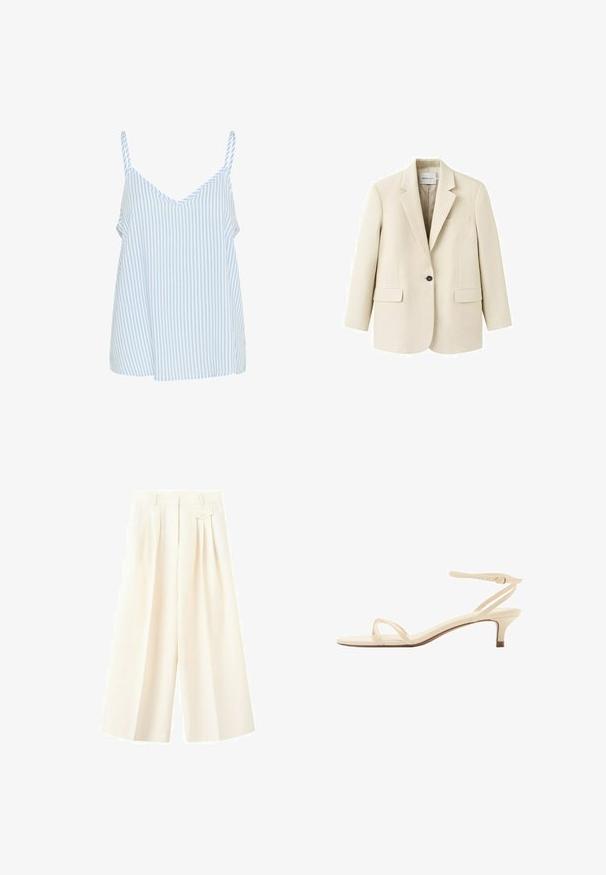 Beige enkeltknappet blazer med hakkeslag, to forlommer med klap, og en brystlomme med kant, vist på en hvid baggrund.; Blå og hvid stribet camisole-top med tynde skulderstropper, der har en V-halsudskæring og en løs, flydende form. Blød stofstruktur.; High-waisted cremekridhvide vidde bukser med forreste plisseringer, en linning med bæltestropper og en lille klaplomme på højre side.; Beige sandal med lav hæl, tynde stropper, åben tå og ankelrem med spænde på hvid baggrund.
