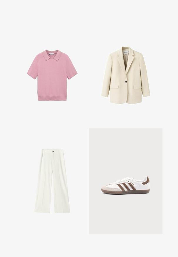 Beiger Ein-Knopf-Blazer mit Stegkragen, zwei vorderen Pattentaschen und einer Brustleistentasche, dargestellt auf weißem Hintergrund.; Rosa kurzärmliges Strickoberteil mit Rippenstruktur, klassischem Kragen und geradem Schnitt. Weicher Stoff mit glatter Oberfläche.; Weiße, hoch taillierte Hose mit weitem Bein, Vorderfalten, Gürtelschlaufen und einem schwarzen Knopfverschluss am Bund.; Weißer Adidas Samba Sneaker mit braunen Wildlederstreifen, brauner Gummisohle und beiger Wildlederkappe, von der Außenseite auf schlichtem Hintergrund gezeigt.