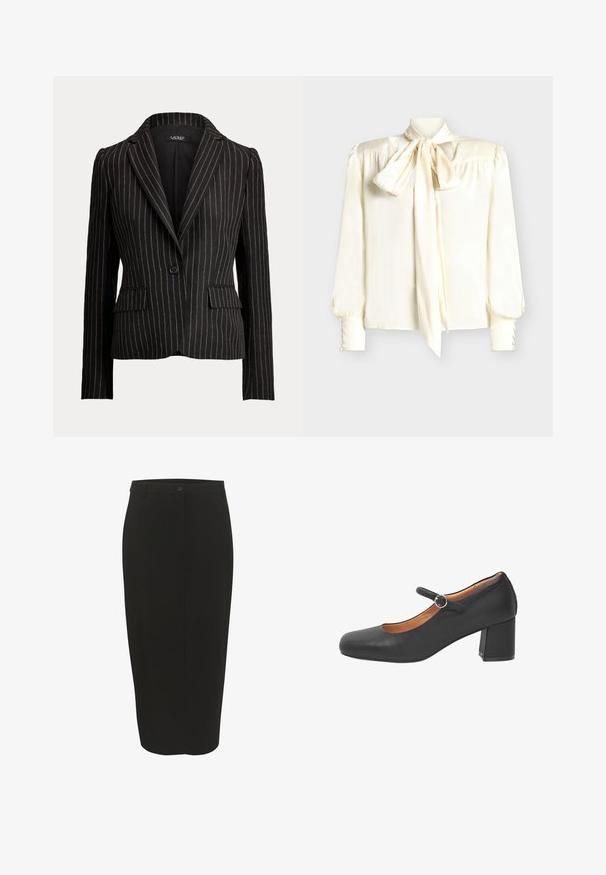 Sort skræddersyet blazer med lodrette hvide nålestriber, enkelt-knaps lukning, notchede revers, lange ærmer og klaplommer på begge sider.; Flødefarvet bluse med sløjfehals, lange ærmer med knapdetaljer ved manchetterne og en glat, skinnende tekstur.; Sort blyantskirt med en glat stof, høj talje, enkelt knaplukning og struktureret form, der falder lige under knæene.; Sort Mary Jane-sko i læder med rundet spids, en rem med en rund metalspænde og en kraftig hæl. Glat tekstur.