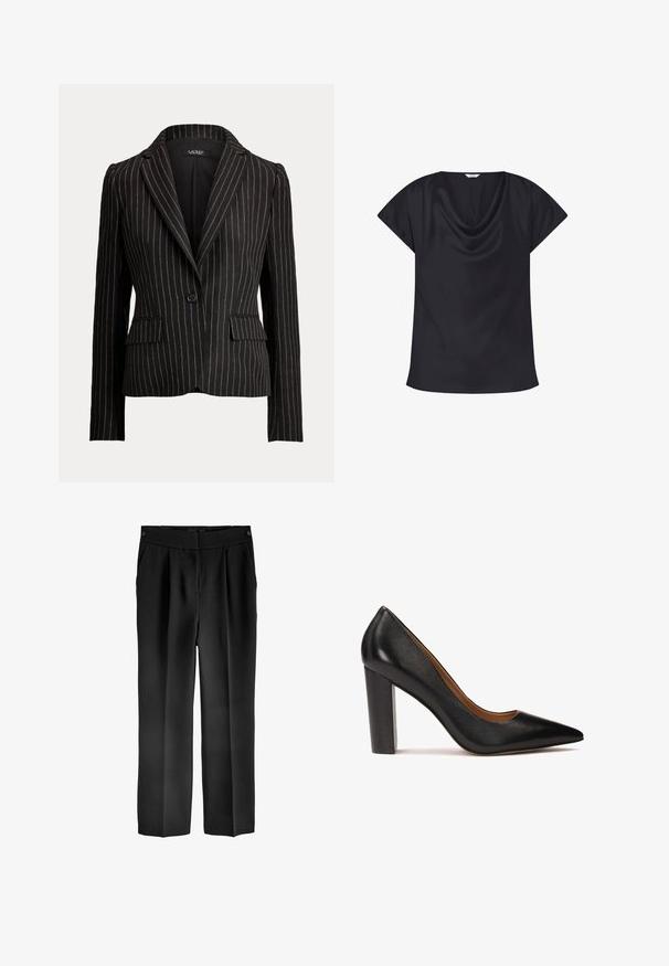 Blazer negro a medida con rayas verticales blancas, cierre de un botón, solapas con muesca, mangas largas y bolsillos con solapa en ambos lados.; Blusa negra de satén con mangas cortas, escote drapeado tipo cascada y dobladillo recto.; Next TAILORED - Pantalones - black; Zapato de tacón alto de cuero negro con punta afilada, acabado texturizado y tacón grueso. Diseño sencillo con un forro interior suave.