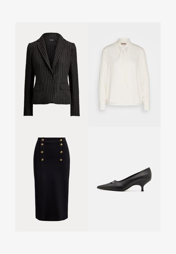 Zwarte, op maat gemaakte blazer met verticale witte krijtstrepen, sluiting met één knoop, ingesneden revers, lange mouwen en klepzakken aan beide zijden.; Witte blouse met lange mouwen en een striknekontwerp, met een soepele textuur en een relaxte pasvorm. Eenvoudig en elegant, zonder extra patronen.; Zwarte knielange kokerrok met een verticaal voorpaneel en twee rijen van zes gouden decoratieve knopen.; GIABORGHINI DANA - Klassieke pumps - black