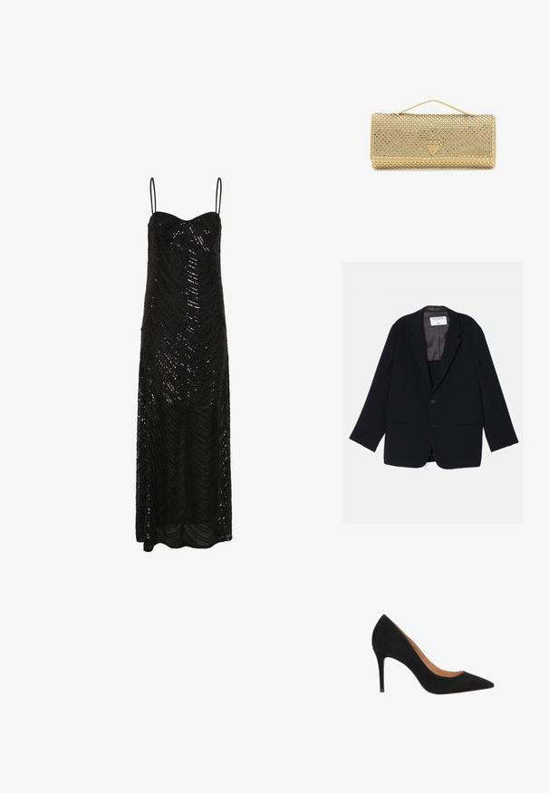 Sort blazer med enkeltonet design, to foran lommer og en blød indvendig foring. Har en klapkrave og knaplukning.; Sort sekvenstropkjole med tynde spaghetti stropper, der har en tætsiddende krop og en flydende nederdel, prydet med et bølge mønster over hele kjolen.; Sorte ruskinds stiletter med spidse tæer, elegant design og stilethæle. Har en glat indvendig foring.; Guldnettaske med lille håndtag, prydet med reflekterende krystaller og en trekantet Guess-logo på forflappen.