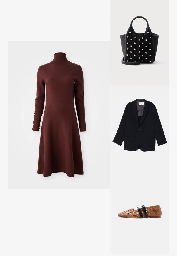 Zwarte blazer met een enkelvoudig ontwerp, twee voorkeurszakken en een zachte binnenvoering. Heeft een notch-split revers en een knoopsluiting.; Langermige, hoge nek, bordeaux gebreide jurk met een geflared rok, weergegeven op een witte achtergrond.; Bruine geweven platte schoen met twee zwarte gespbandjes over de bovenkant en een gesloten neus en hiel.; Zwarte suède handtas met ronde zilveren studs, twee korte handvatten en een afneembare schouderriem op een witte achtergrond.