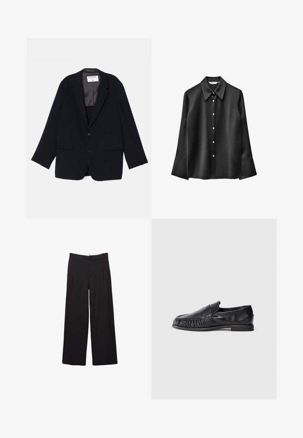 Blazer noir avec un design à un bouton, deux poches avant et une doublure intérieure douce. Présente un col cranté et une fermeture à bouton.; Blouse noire en satin à manches longues avec col pointu, boutonnage sur le devant et poignets évasés. Caractérisée par une finition subtilement brillante et des boutons ronds.; Pantalon large noir à plis avant avec passants pour ceinture, coupe ajustée, taille moyenne, et fermeture avant dissimulée.; Mocassins en cuir noir avec un bout rond, présentant des détails froncés à l'avant et un talon plat. Texture lisse, design minimaliste.
