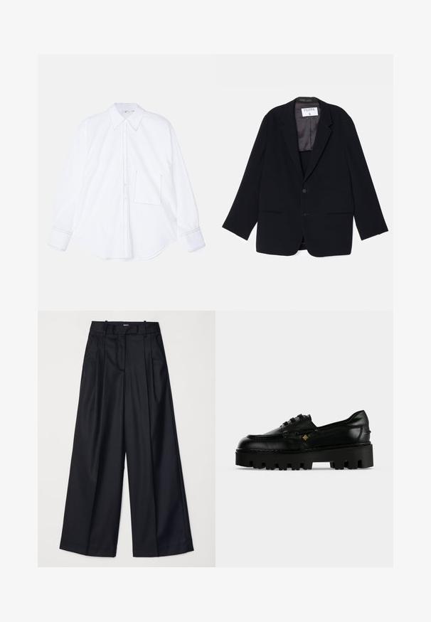 Sort blazer med enkeltonet design, to foran lommer og en blød indvendig foring. Har en klapkrave og knaplukning.; Hvid langærmet skjorte fremstillet af glat stof, med knaplukning foran, stort krave, rundet nederste kant og en enkelt venstre brystlomme med syningsdetalje.; Sorte breddebenede bukser lavet af glat stof, med høj talje, læg og skræddersyet design. Enkel sort hardware i talje.; Sort læder plateau loafer med chunky rillesål, snørelukning foran og lille gyldent dekorativt emblem på siden.