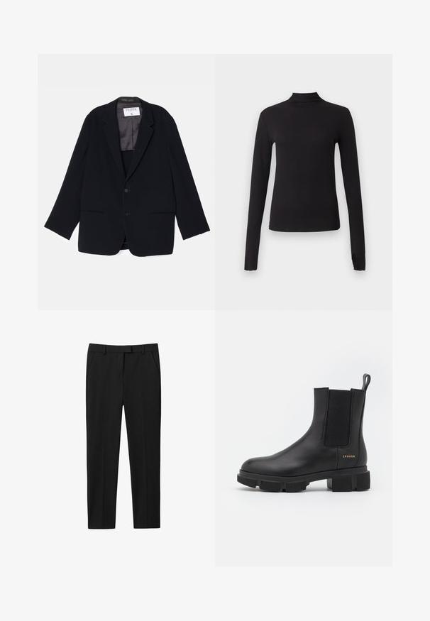 Schwarzer Blazer mit einreihigem Design, zwei vorderen Taschen und einem weichen Innenfutter. Verfügt über einen Reverskragen und einen Knopfverschluss.; Schwarzes langärmliges, eng anliegendes Oberteil mit Stehkragen, dargestellt auf schlichtem hellgrauem Hintergrund.; Schwarze Hosen mit maßgeschneidertem Design, flachem Bund, zwei seitlichen Taschen und geradem Beinschnitt. Aus glattem Stoff mit einem subtilen Glanz gefertigt.; Schwarze Leder-Ankle-Boots mit elastischen Seitenpaneelen und einer robusten, profilierten Sohle. Mit einer Zuglasche und goldenen Markendetails. Matte Oberfläche.
