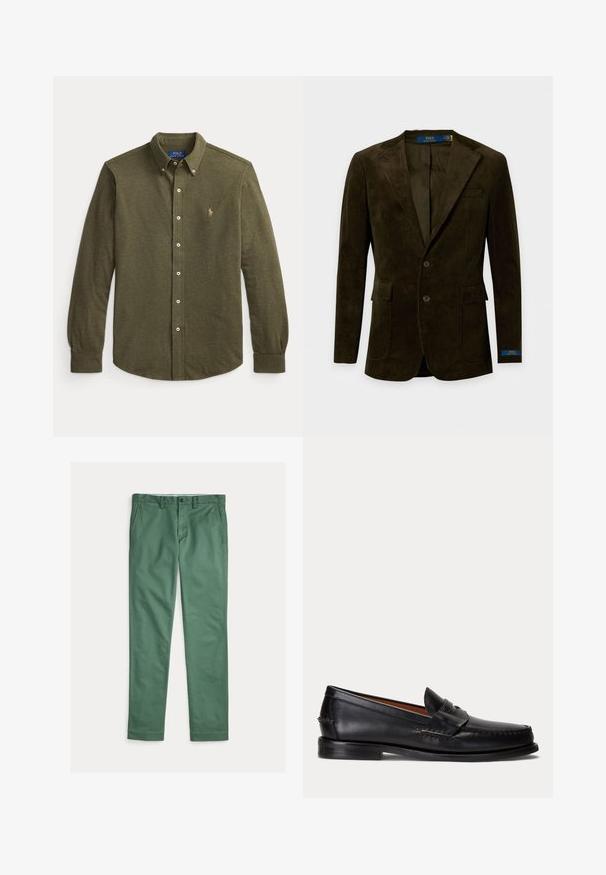 Donkerbruine corduroy blazer met twee knopen, met inkeping revers, opgestikte zakken en Polo Ralph Lauren-label aan de binnenkant van de kraag en de mouwmanchet.; Langarmig olijfgroen overhemd met knopen, kraag en klein geborduurd logo op de linkerborst.; Groene rechte herenbroek met voorzakken, riemlussen en knoopsluiting, plat uitgespreid op een witte achtergrond.; Zwarte leren loafer met lage hak en penny-strap detail, van opzij getoond op een lichtgrijze achtergrond.