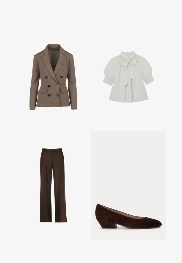 Blazer marrón de doble botonadura en tejido texturizado, con cuello con muescas, cuatro botones negros y dos bolsillos frontales.; Blusa color crema con lazo en el cuello, detalles fruncidos y mangas abullonadas con puños abotonados. Tela suave, ajuste relajado.; Pantalones de pierna ancha marrones con una textura suave, que cuentan con un cierre de botón en la parte delantera, lazos para cinturón y detalles de pliegues en la parte frontal.; Zapato de mujer de ante marrón oscuro con tacón bajo, punta redondeada y tacón de bloque sobre un fondo claro liso.