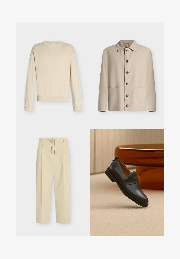 Chemise beige à manches longues boutonnée avec un col classique et six boutons foncés visibles, présentée sur un fond blanc uni.; Pull crème à manches longues avec col rond, poignets et ourlet côtelés, présenté sur un fond uni gris clair.; Pantalon beige droit avec passants pour ceinture et nouage à l'avant, présentant un design épuré et ajusté ainsi qu'un tissu texturé.; Mocassin en cuir noir à talon bas flottant au-dessus d'un tapis beige, à côté d'une table brillante couleur ambre dans une pièce minimaliste.