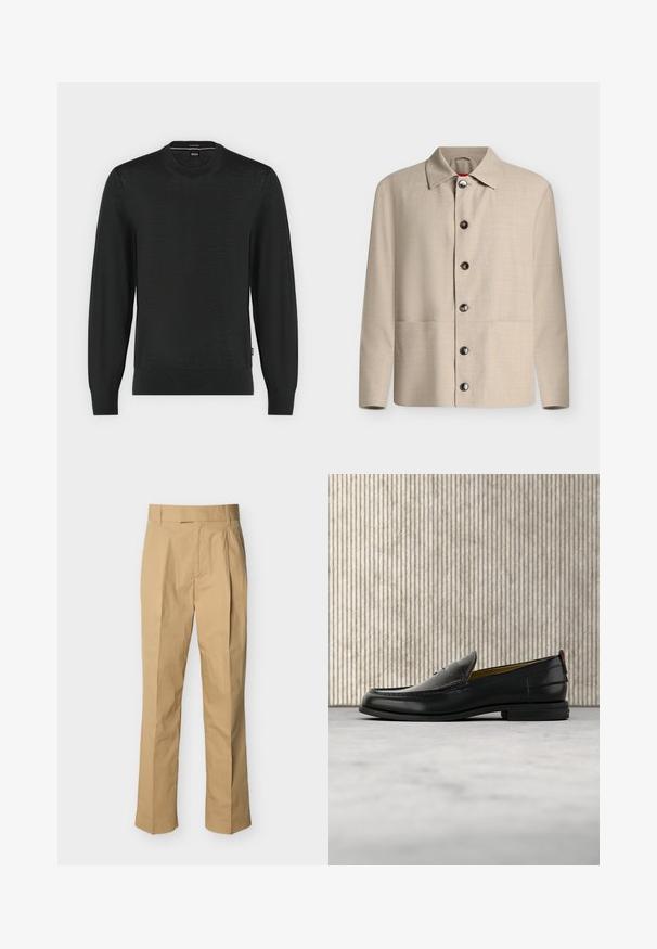 Chemise beige à manches longues boutonnée avec un col classique et six boutons foncés visibles, présentée sur un fond blanc uni.; Pull noir à manches longues avec col rond, poignets et ourlet côtelés, en tissu tricot léger.; Pantalon beige en coton lisse à taille haute, avec des plis à l'avant et des jambes droites. Aucun équipement visible ni motifs.; Mocassin pour homme en cuir noir avec un dessus embossé effet croco et un petit talon, présenté de profil sur un fond neutre.