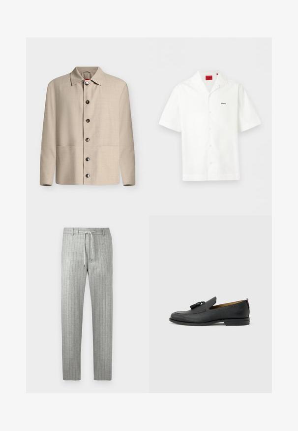 Chemise beige à manches longues boutonnée avec un col classique et six boutons foncés visibles, présentée sur un fond blanc uni.; Chemise blanche à manches courtes avec col ouvert, petit logo "HUGO" sur la poitrine et étiquette de marque rouge à l'intérieur du col.; Pantalon gris clair à rayures avec une coupe droite, une taille à cordon de serrage et un tissu subtilement texturé. Présente des fines rayures verticales pour plus de détails.; Mocassin pour homme en cuir noir avec pompons, bout arrondi, petit talon et languette à l'arrière, présenté de profil sur un fond gris clair.