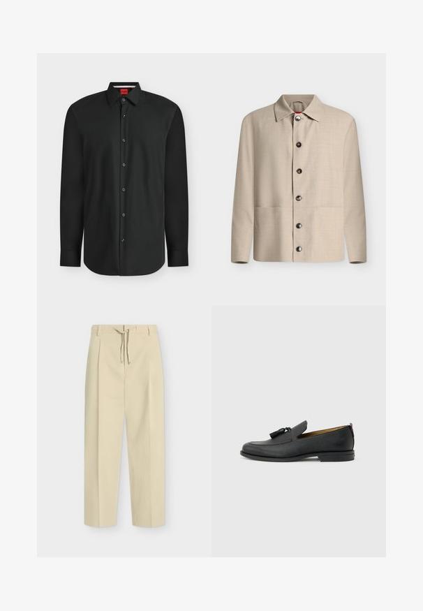 Chemise beige à manches longues boutonnée avec un col classique et six boutons foncés visibles, présentée sur un fond blanc uni.; Chemise noire à manches longues, boutonnée, avec col et étiquette de marque rouge visible à l'intérieur de l'encolure.; Pantalon beige droit avec passants pour ceinture et nouage à l'avant, présentant un design épuré et ajusté ainsi qu'un tissu texturé.; Mocassin pour homme en cuir noir avec pompons, bout arrondi, petit talon et languette à l'arrière, présenté de profil sur un fond gris clair.