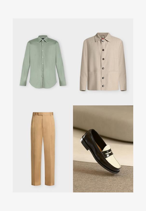 Chemise beige à manches longues boutonnée avec un col classique et six boutons foncés visibles, présentée sur un fond blanc uni.; Chemise vert clair à manches longues, boutonnée, avec col pointu et ourlet arrondi, présentée à plat sur fond blanc.; Pantalon beige droit avec passants de ceinture, plis devant et fermeture éclair.; Mocassin en cuir noir avec un empeigne crème et des rayures noires, présentant un petit talon et des coutures détaillées le long des bords.